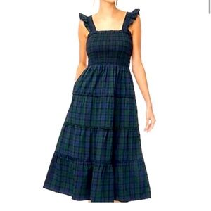J. Crew Smocked Tiered Plaid Midi Dress in Navy Green Tartan